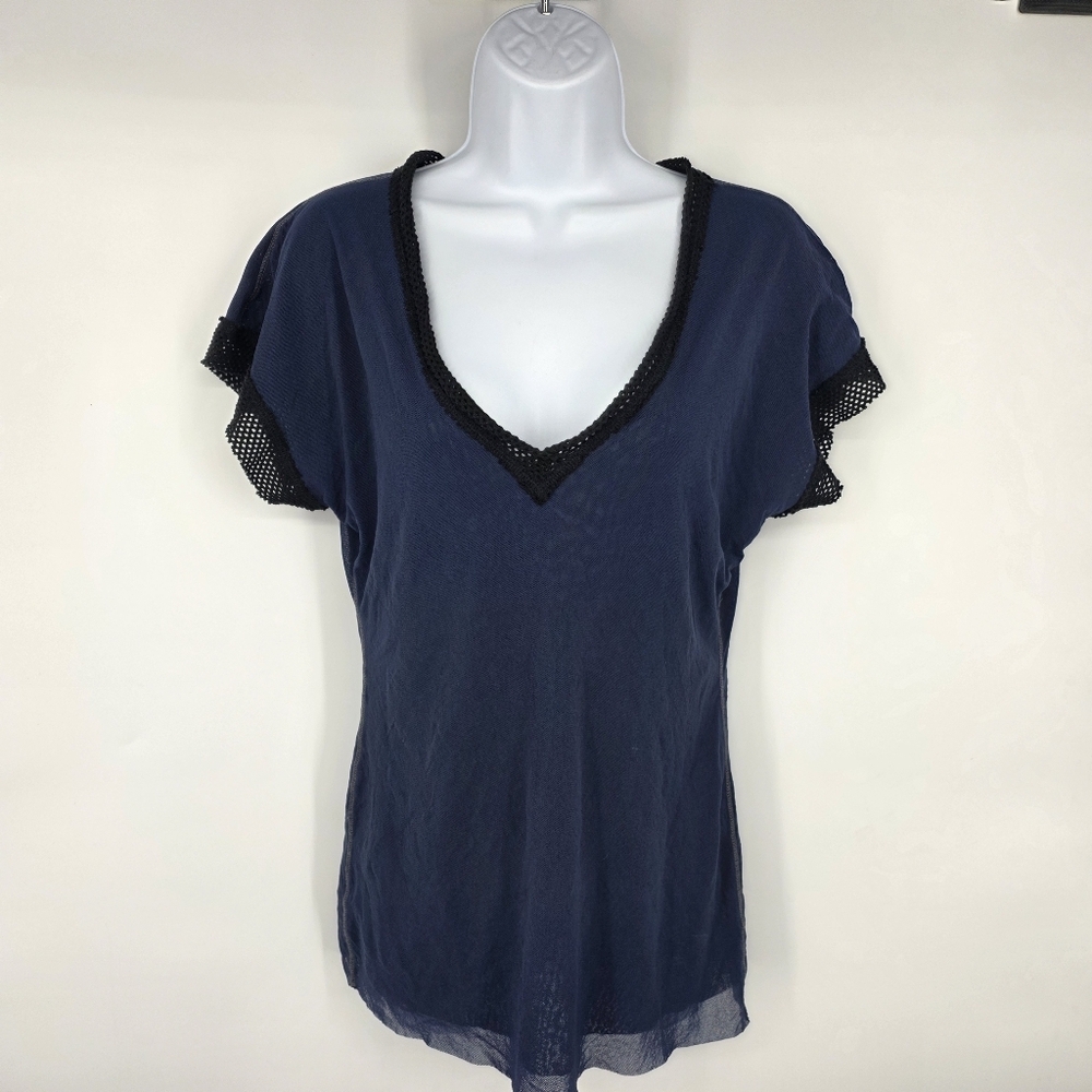 Pete Women's XL Navy Blue V-Neck Top Sheer Mesh Knit Crochet Trim Shirt